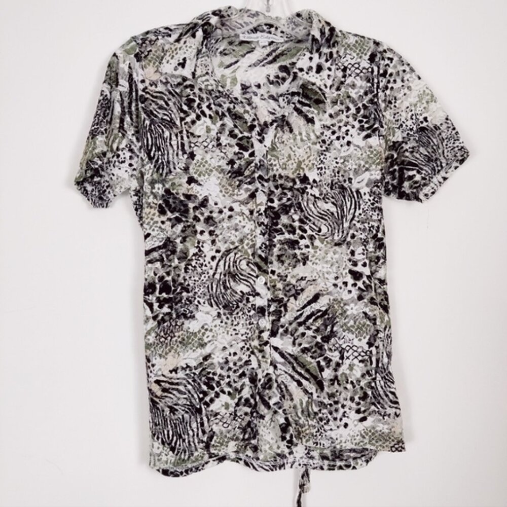 Classic Editions Womens Button Down Sheer Lace Blouse Shirt Leopard